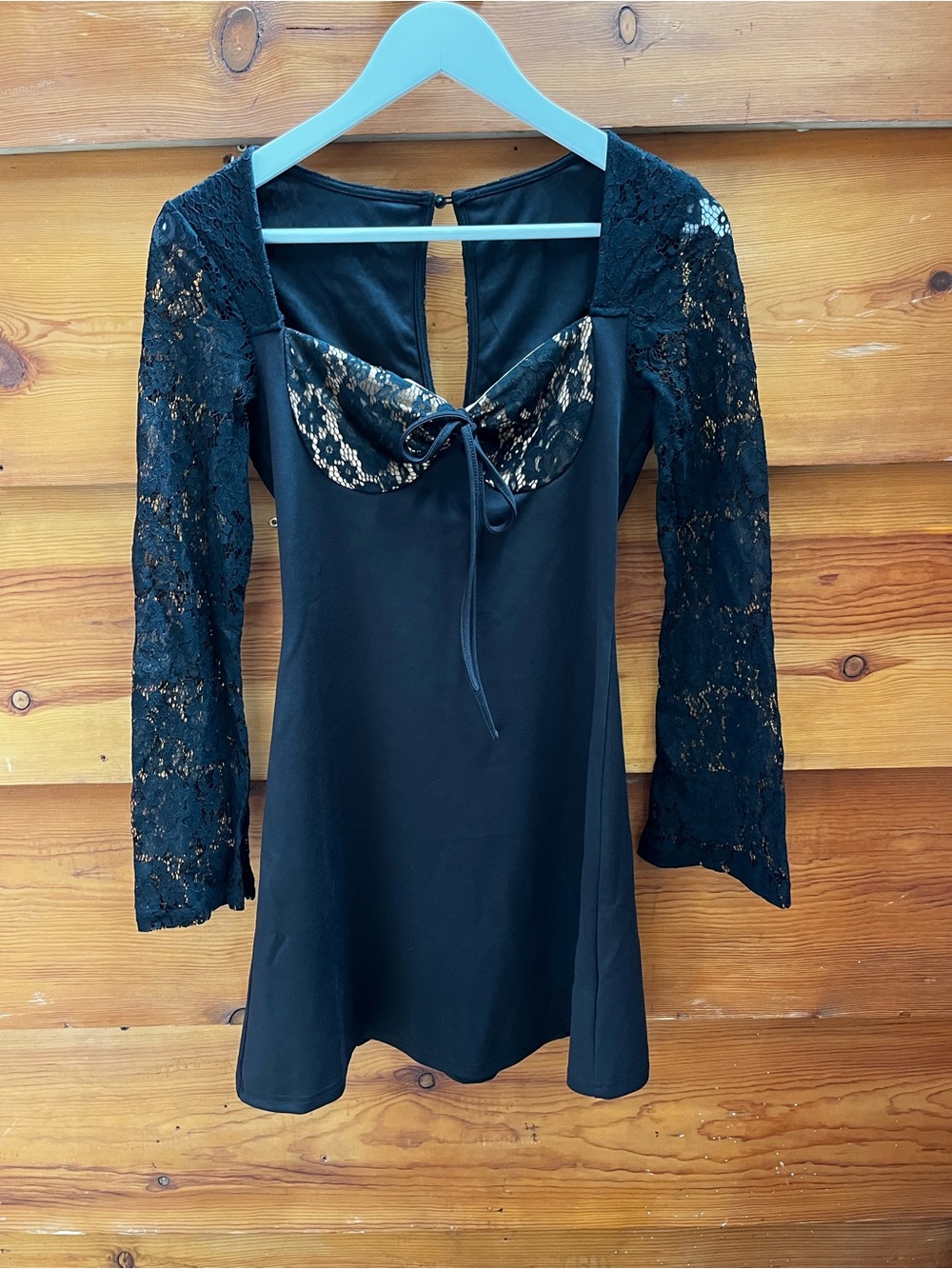 Black Lace-Sleeve Tie-Front Women's Dress Cider Trendy Date Night